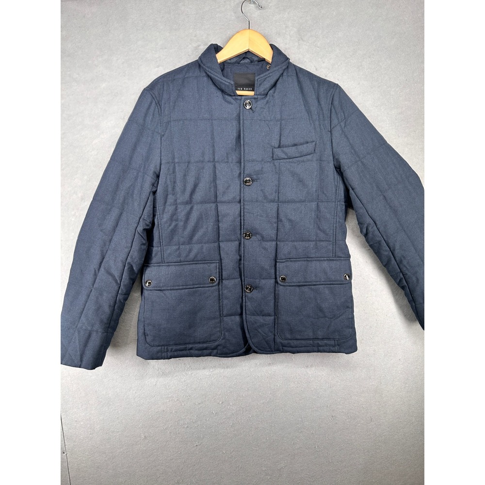 Ted Baker London Mens Navy Herringbone Quilted Button Front Jacket Size 4 L